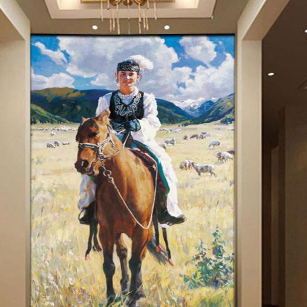 

custom size tianshan russian riding picture wallpaper oil painting girl ethnic mural living room bedroom dining wallpapers