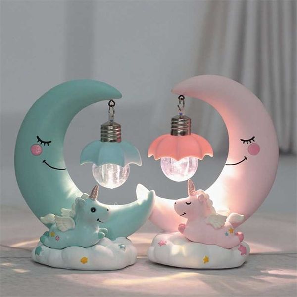 LED Nachtlicht Harz Mond Einhorn Cartoon Baby Lampe Romantische Schlafzimmer Dekor für Kinder Kind Mädchen Spielzeug Kinder Geschenk niedlich 211105