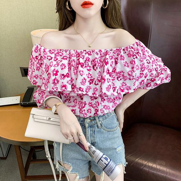 

women's blouses & shirts blouse women 2021 summer one-shoulder collar printed floral shirt female ruffled flared sleeves waist thin sho, White