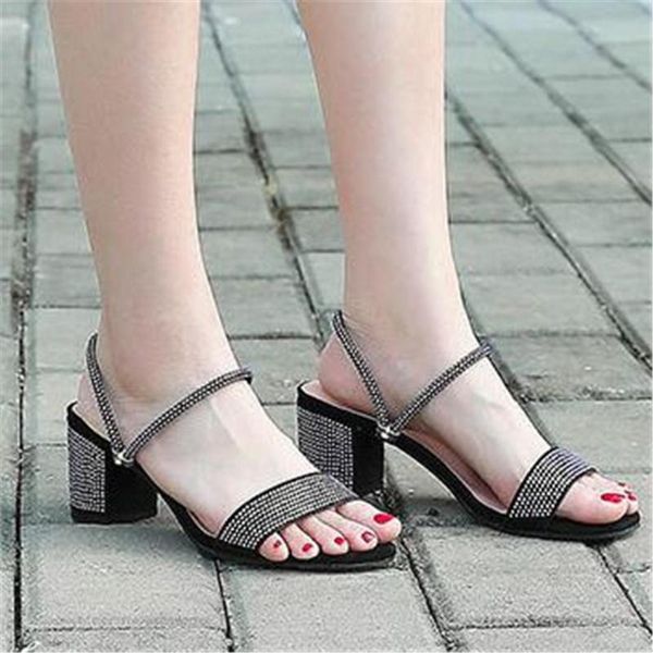 

women rhinestone sandals chunky heel roman shoes dames chaussure sandalen summer open toe comfy hoof heels, Black