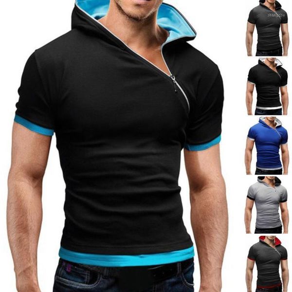 

men's t-shirts men fashion short sleeve color block hood hem diagonal zip slim t-shirt hoodie, White;black