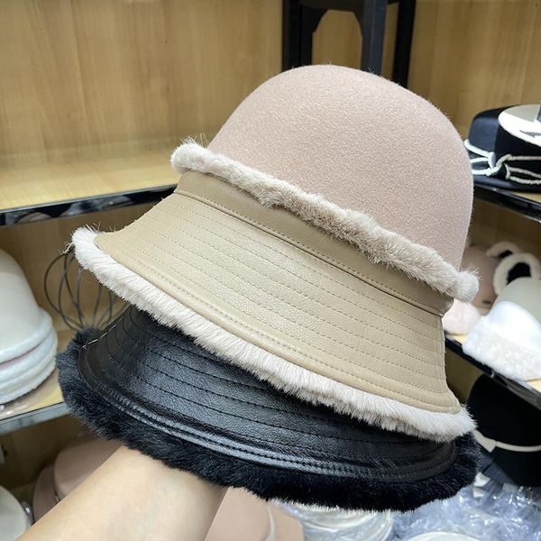 

wide brim hats 202108-2509264 autumn winter designer style fashion wool patchwork faux leather lady bucket cap women leisure hat, Blue;gray