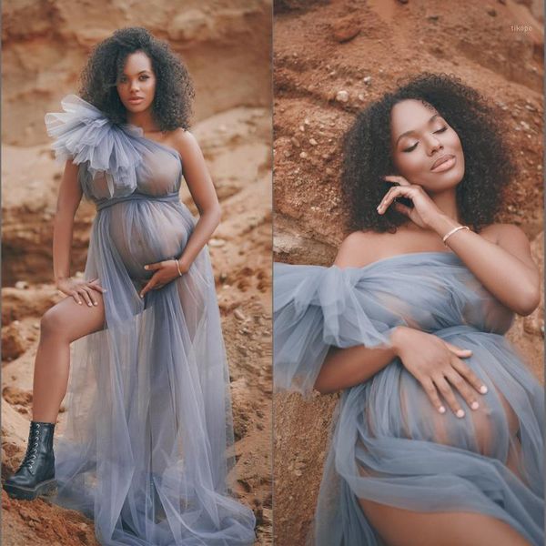 

fashion see through tulle maternity dress robes one shoulder long sheer po shoot women dresses bride gowns custom made casual1, Black;gray