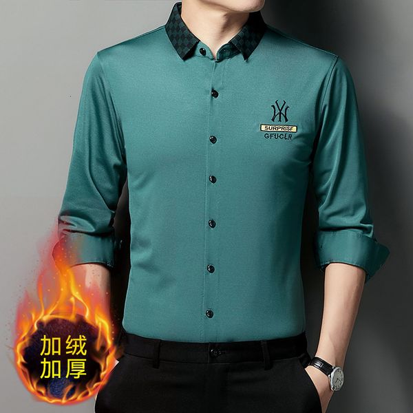 

autumn and winter long sleeve plush men's solid color embroidery lapel thickened warm shirt, Black