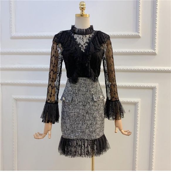 

casual dresses high street fashion 2021 autumn designer runway women's long sleeve lace patchwork dress, Black;gray