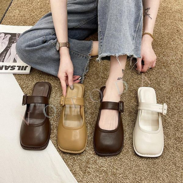 

slippers summer women's mules shoes british style square head shallow mouth baotou flat heel sets semi outdoor slides, Black