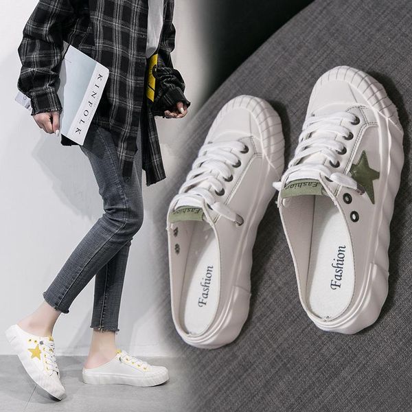 

slippers baotou half women wear summer 2021 wild lazy casual flat white sandals z728, Black