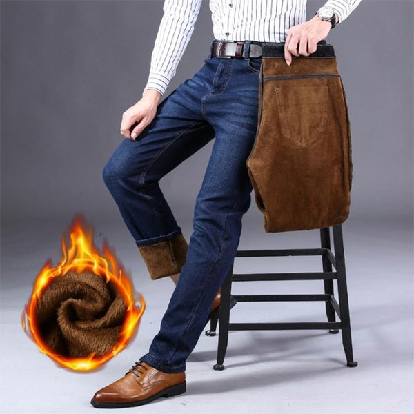 

men's jeans 2021 winter warm slim fit business fashion thicken denim trousers fleece stretch brand pants black blue
