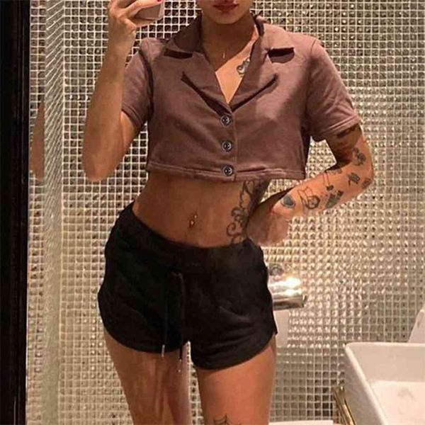 

brown kawaii y2k crop female fashion women turn-down collar summer t-shirt for girls with short sleeve button tee shirt 210510, White