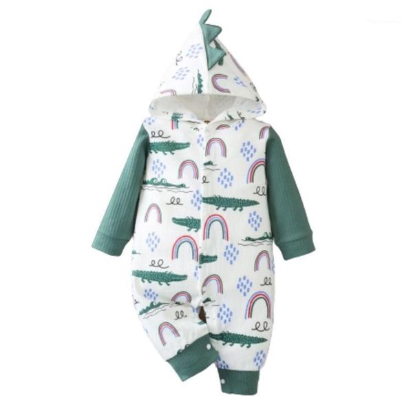 

jumpsuits cute outfits infant born boys girls hooded long sleeve rainbow crocodile pattern printed buttoned one-piece romper1, Blue