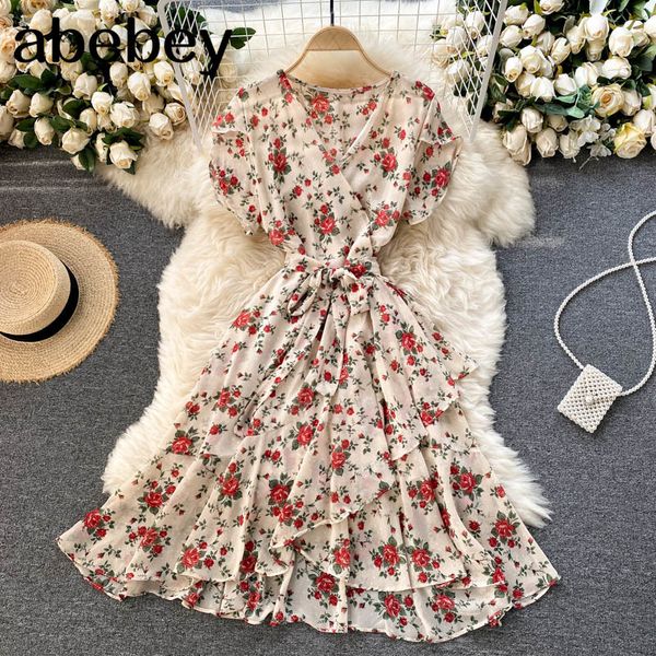 

boho women floral printed dress v neck puff-sleeve asymmetrical bow es summer ruffles beach short 210512, Black;gray