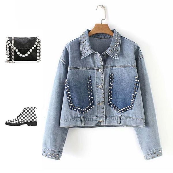 

women's jackets harajuku denim jacket women jean moto coat rivet bomber motorcycle short trend brand hole jeans streetwear, Black;brown
