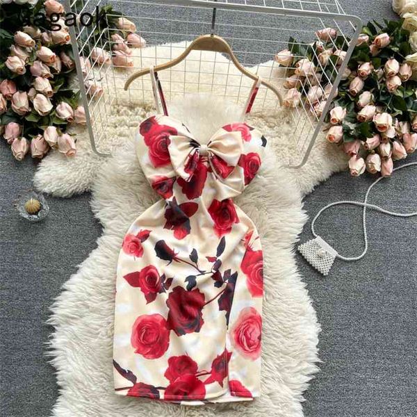 

dresses women summer v-neck spaghetti strap bow vintage floral bodycon party dress fashion vestido feminino 210531, Black;gray