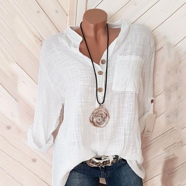 

women's blouses & shirts woman spring and autumn fashion v neck buttons loose pockets long sleeve white blue shirt women casual office