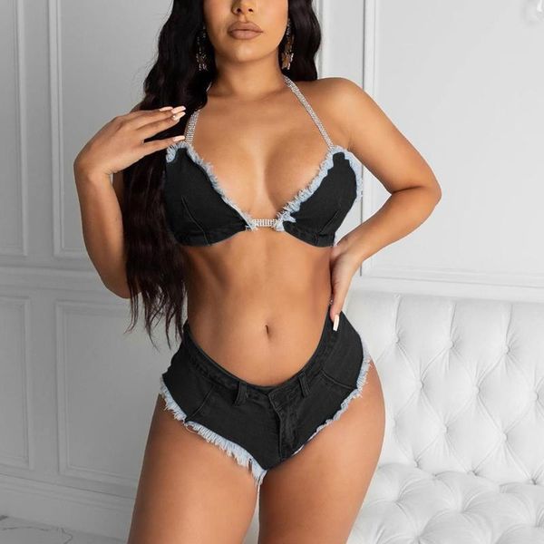 

women's swimwear two piece denim halter women bandage bathing suit beach swimsuit with chest pad patchwork bikini sets, White;black