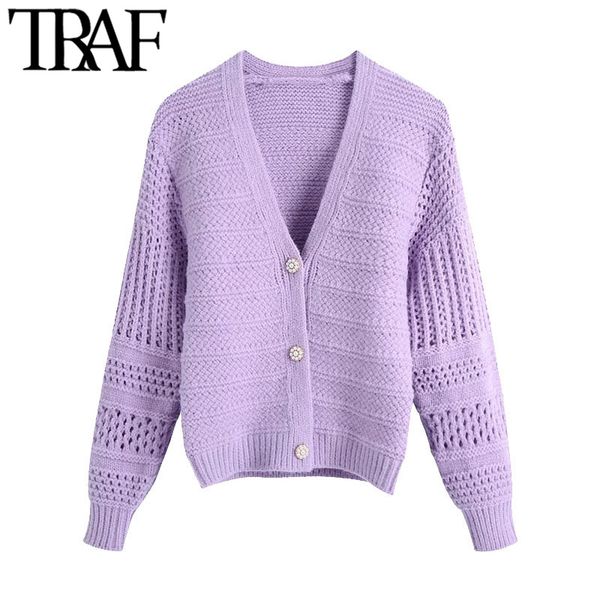 

traf women fashion with faux pearl buttons knitted cardigan sweater vintage lantern sleeve female outerwear chic 210415, White;black