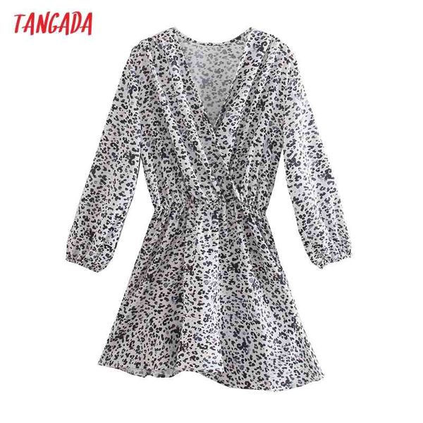 

fashion women leopard print v neck strethy waist long sleeve ladies mini dress ce213 210416, Black;gray