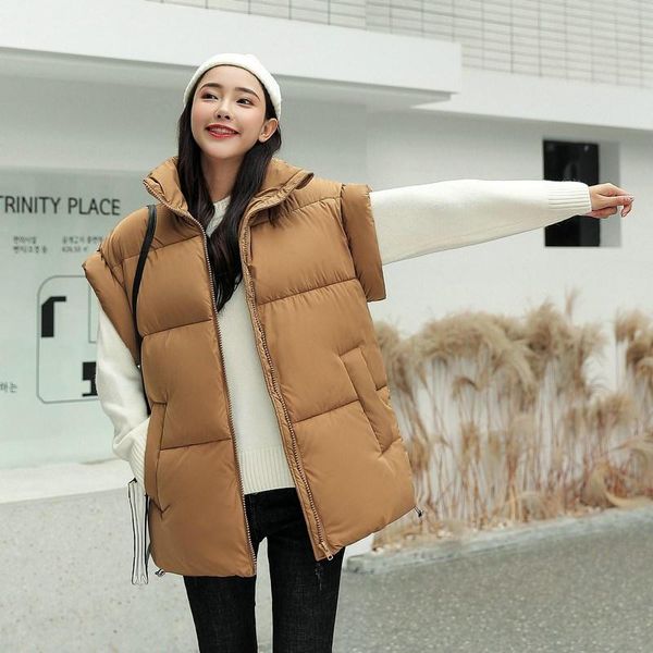 

women's vests thick sleeveless down cotton vest mujer chaqueta loose warm ladies female solid fashion woman jacket waistcoat, Black;white