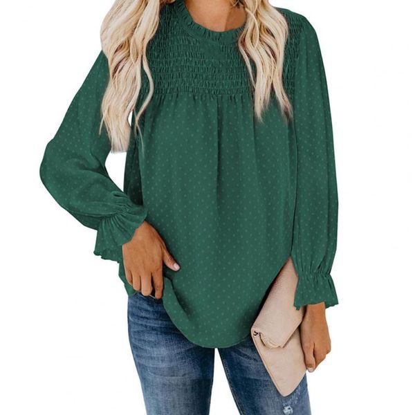 

women's t-shirt autumn lantern sleeve drawstring polka dot o neck women shirt for dating, White