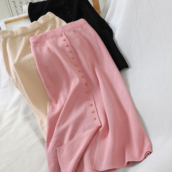 

skirts women midi long sweater skirt autumn winter elastic high waist button knitted female all match split a-line ab1703, Black