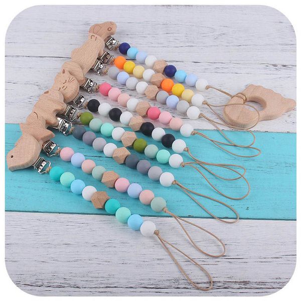 

pacifier holders baby chain clips weaning silicone teething beads natural wooden kids chew toys animal pacificate infant feeding teether b73