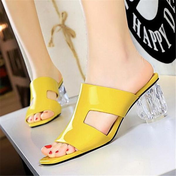 

slippers fashion patent leather peep toe 6.5cm high heel elegant woman mules shoes transparent crystal womens sandals, Black