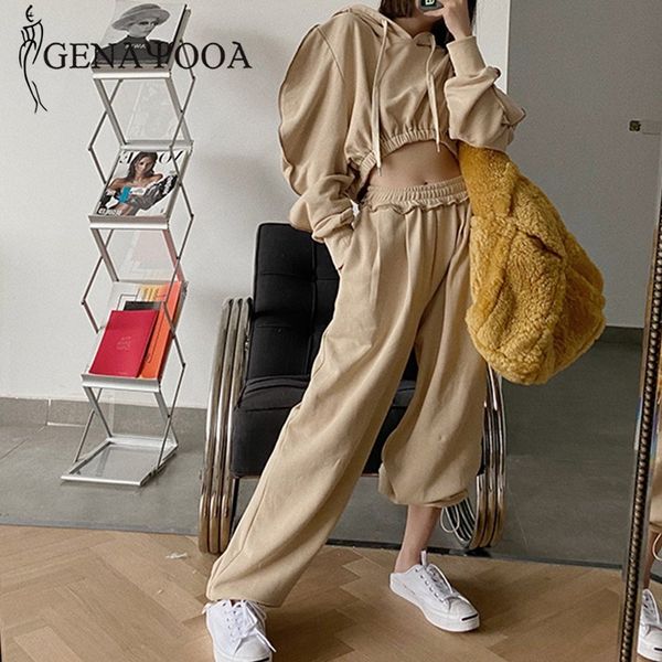 

genayooa solid hooded streetwear loose two piece set and pants women tracksuit hip pop long sleeve crop 210417, White