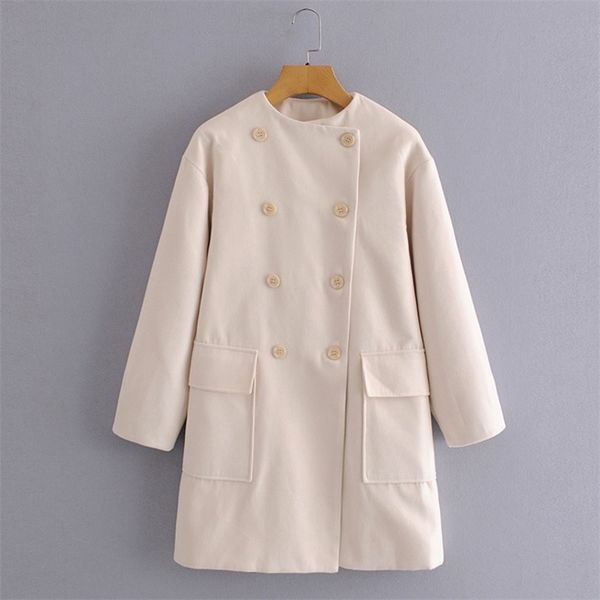 

autumn winter women warm wool outerwear double breasted pockets solid female & blends coats clothing 210513, Black