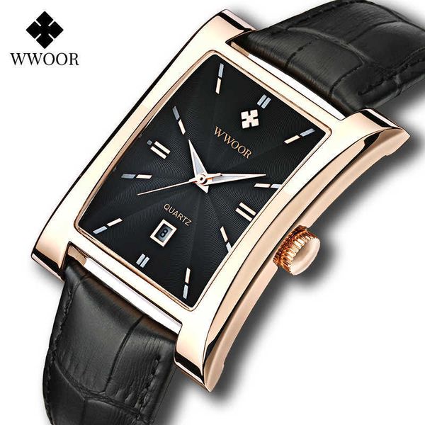 

wwoor luxury gold black square watch men sports business mens quartz wristwatches leather waterproof automatic date reloj hombre 210527, Slivery;brown