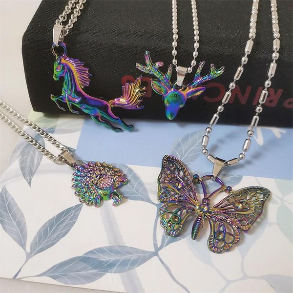 

pendant necklaces long chain necklace for women men stainless steel jewelry colored animals punk, Silver