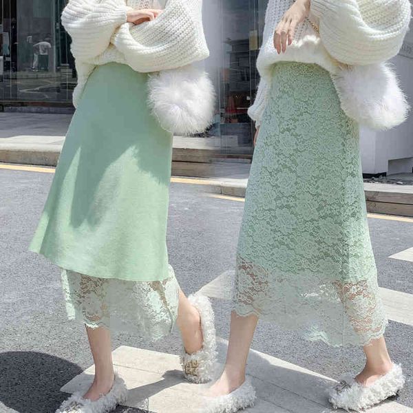 

casual dresses fall winter both-side wear floral laced mid-calf long pencil knitted skirts green violet 0yvs, Black;gray