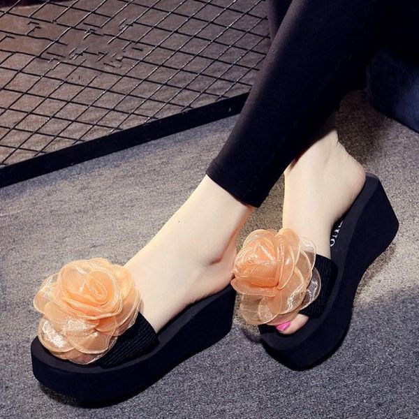 

slippers fashion flower woman beach flip flops summer sandals bohemia platform high heels wedges shoes for women lkso, Black