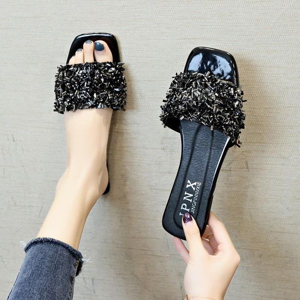

shoes slippers flat luxury slides shose women jelly flip flops pantofle designer glitter soft 2021 pu basic rubber rome crystal, Black
