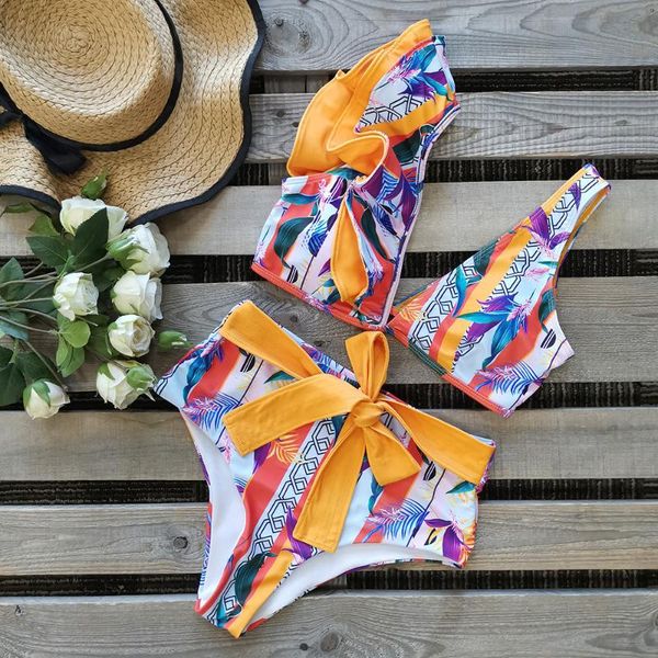 

women's swimwear 2021 split swimsuit high waist strap double ruffle bikini, White;black