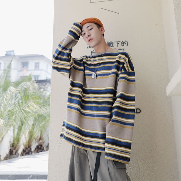 

men's hoodies & sweatshirts autumn round neck coats woolen stripe printing pullover male cotton casual oversized m-2xl oumz, Black