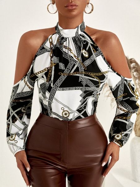 

sxy chain print tie back cold shoulder blouse 72hh#, White