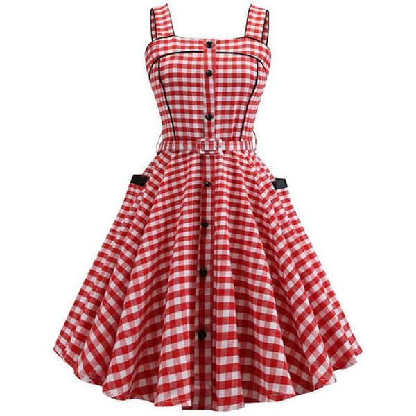 

plaid a line print women dresses summer dress vintage sleeveless spaghetti strap pocket red elegant beach party mini plus, Black;gray