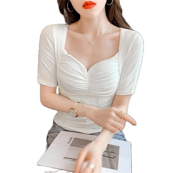 

square collar folds slim slimming short-sleeved t-shirt women's all-match blouse summer fashion korean clothing 210520, White
