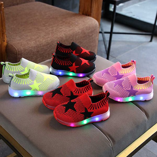 Frühling Herbst Neue Led-leuchten Stern Muster Rot Schuhe Sommer Jungen Sport Schuhe Freizeit Kleinkind Mädchen Turnschuhe Socke Schuhe G1025