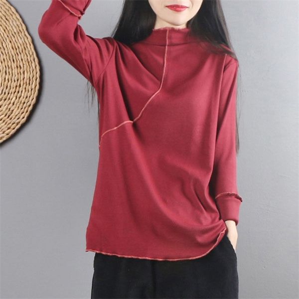 T-shirt a collo alto a maniche lunghe da donna in stile autunno-inverno T-shirt a maniche lunghe casual abbinata T-shirt in cotone Femme Plus Size S586 210512