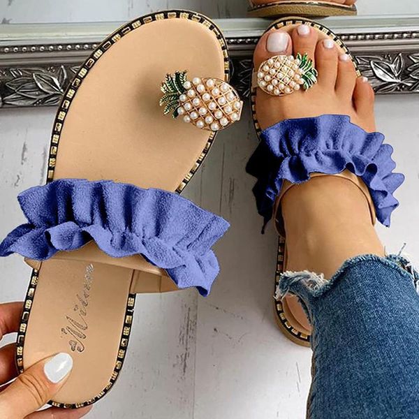 

sandals 2021 ladies summer trend slippers pineapple pearl flat toe casual shoes beach comfortable platform, Black