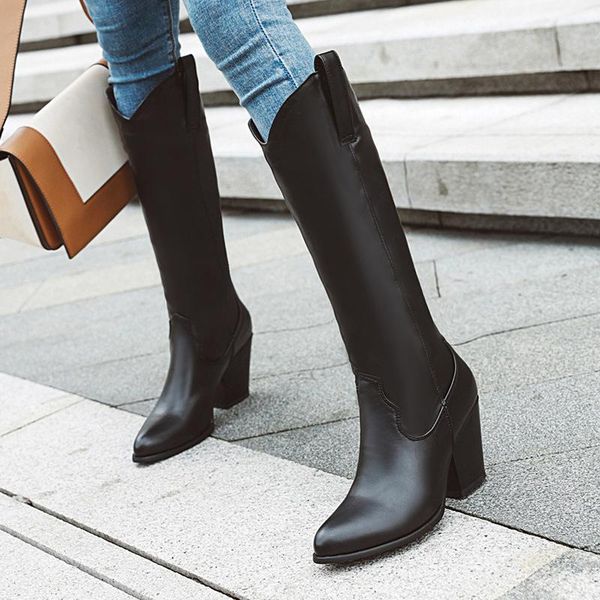 

boots fashion soft leather western cowgirl winter warm women high heels riding long thigh knight, Black