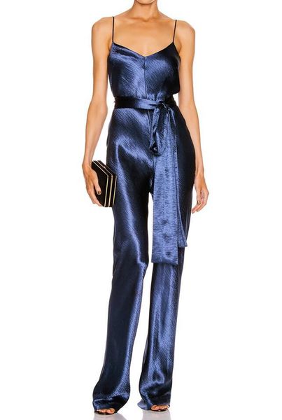 

women's jumpsuits & rompers luxury v neck silver blue women jumpsuit 2021 with belt celebrity designer fashion, Black;white