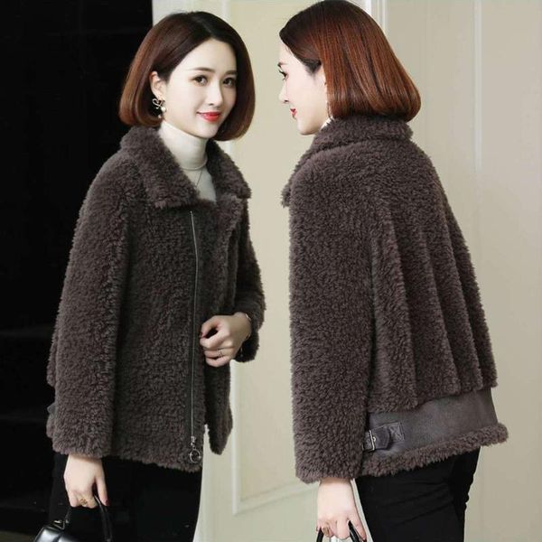 

women's fur & faux 2021 women spring real lambs wool coat lady genuine granular sheep shearing jacket female casual warm motorcycle k31, Black