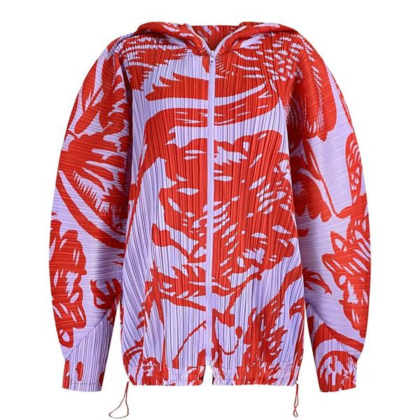 

women's jackets changpleat women jacket coat 2021 fall miyak pleated fashion hooded collar printed loose large size female coats tide, Black;brown