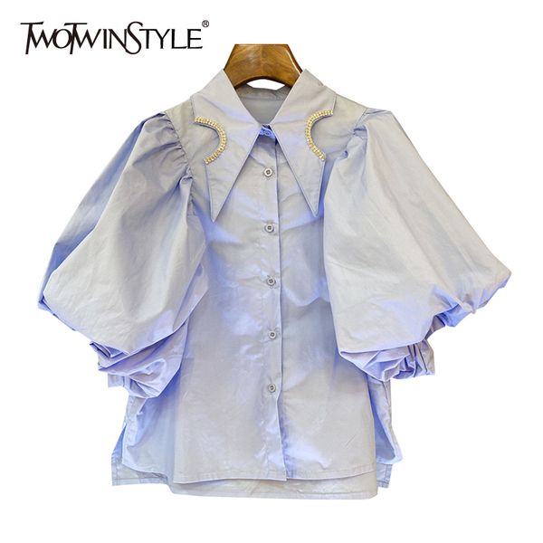 

white short blouse for women lapel puff sleeve patchwork diamond casual shirt female fashion new clothing tide 210428