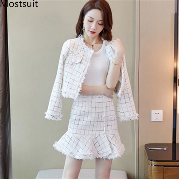

white plaid tweed women 2 piece skirt suits sets tassel coat + mini elegant vintage fashion ladies 2 pcs 210518