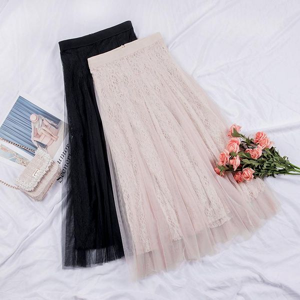 

skirts ftlzz women sweet ruffle tulle skirt high waist lady elegant vintage pleated female a-line lace maxi long, Black