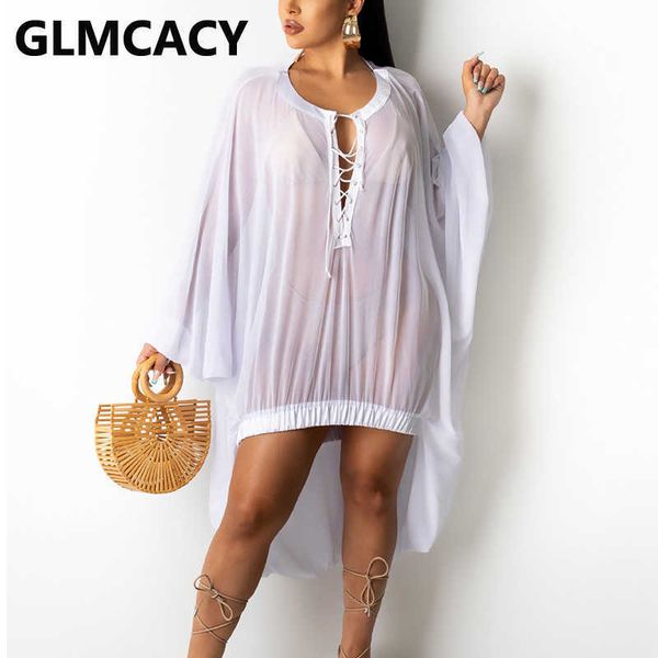 

batwing sleeve mesh see through loose dress summer beach cover ups 210702, Black;gray