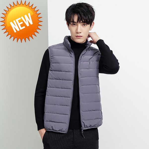 

winter seamless down vest men ultra light 90% white duck thermal sleeveless jackets standing collar feather coat, Black